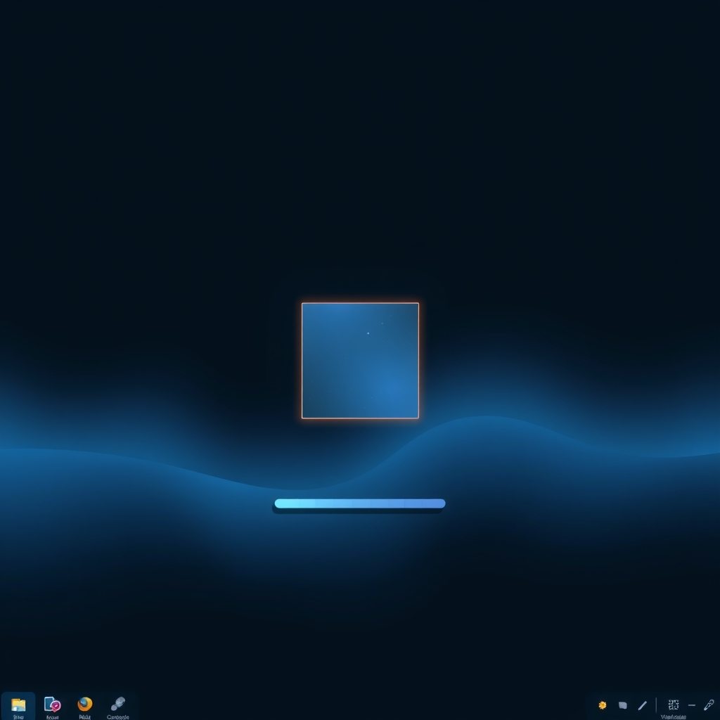 Abstract glass dock with blurred tiles beside a single framed window on a dark blue screen