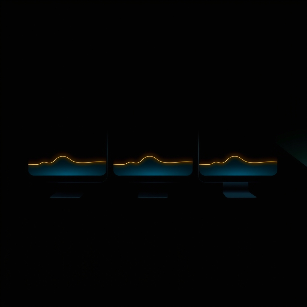 Three abstract monitor shapes side by side, each with its own glowing glass dock along the bottom edge