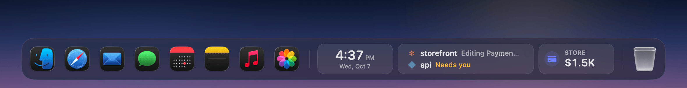 A Moor dock with apps, a clock, coding agents and today's sales