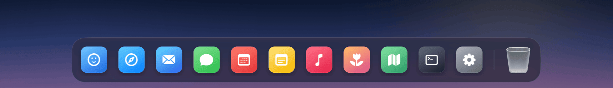 A dock where every icon is a coloured tile with a white symbol