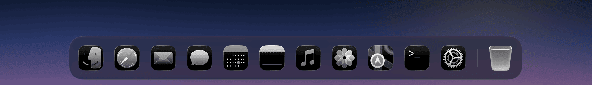 A dock where every icon is black and white