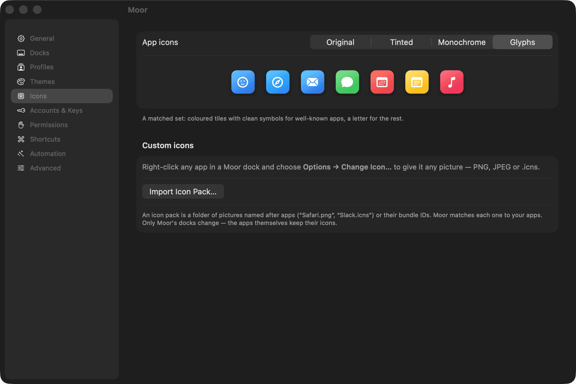 Settings, Icons page: the style picker set to Glyphs with a preview, and the custom icons section with Import Icon Pack