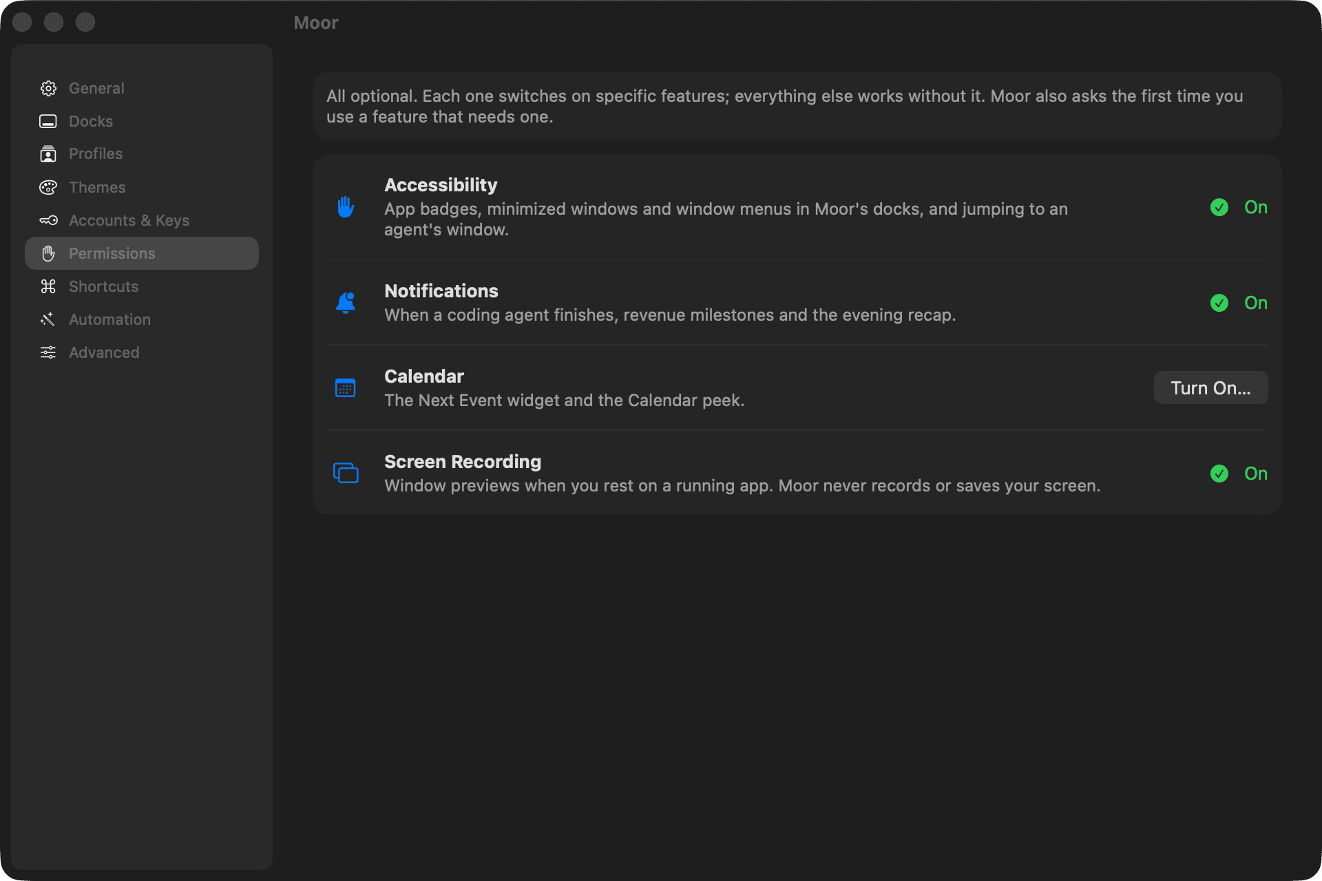 Settings, Permissions page: Accessibility, Notifications, Calendar and Screen Recording, each with what it's for
