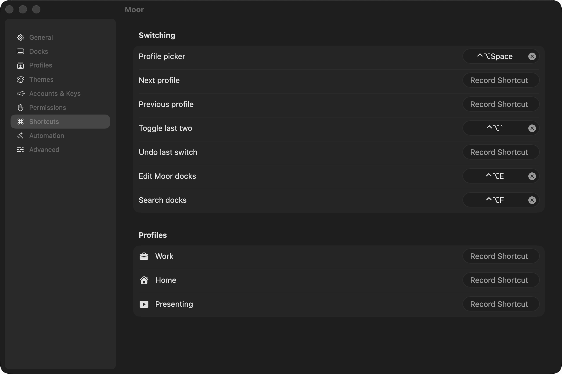 Settings, Shortcuts page: switching shortcuts and one row per profile