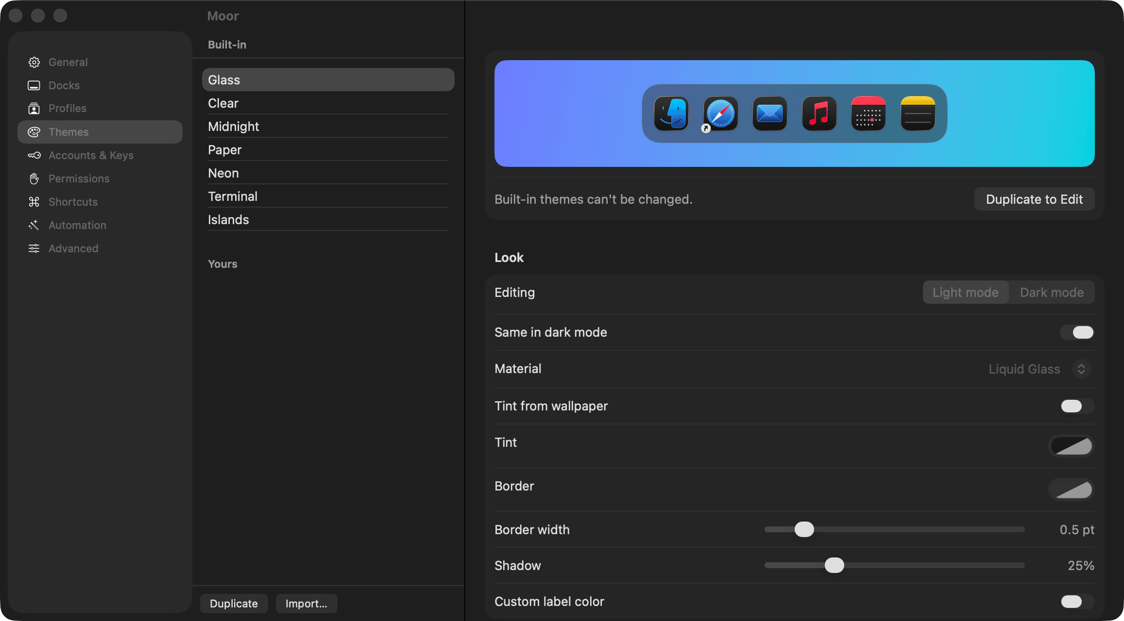 Settings, Themes page: the built-in themes listed on the left and the Glass theme's settings on the right