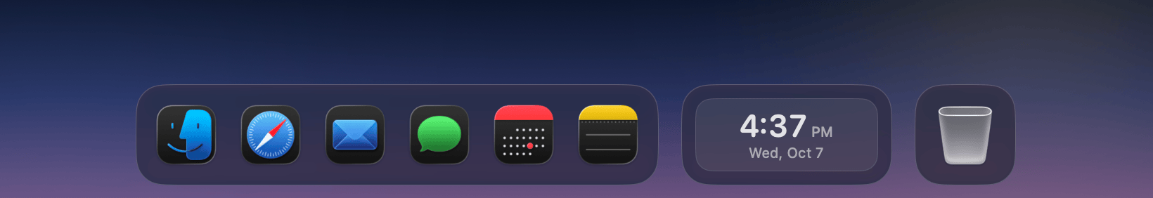 The Islands theme: apps, clock and Trash in three separate pods